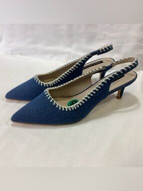 French Connection Denim Blue Pointed Slingback Mules with Contrast Stitch